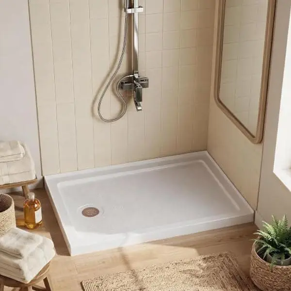 GAOMON Shower Base 48" x 32", Left Drain PVC Shower Pan with Slip Resistant Surface & Removable Stainless Cover, White Bathroom Floor Tray
