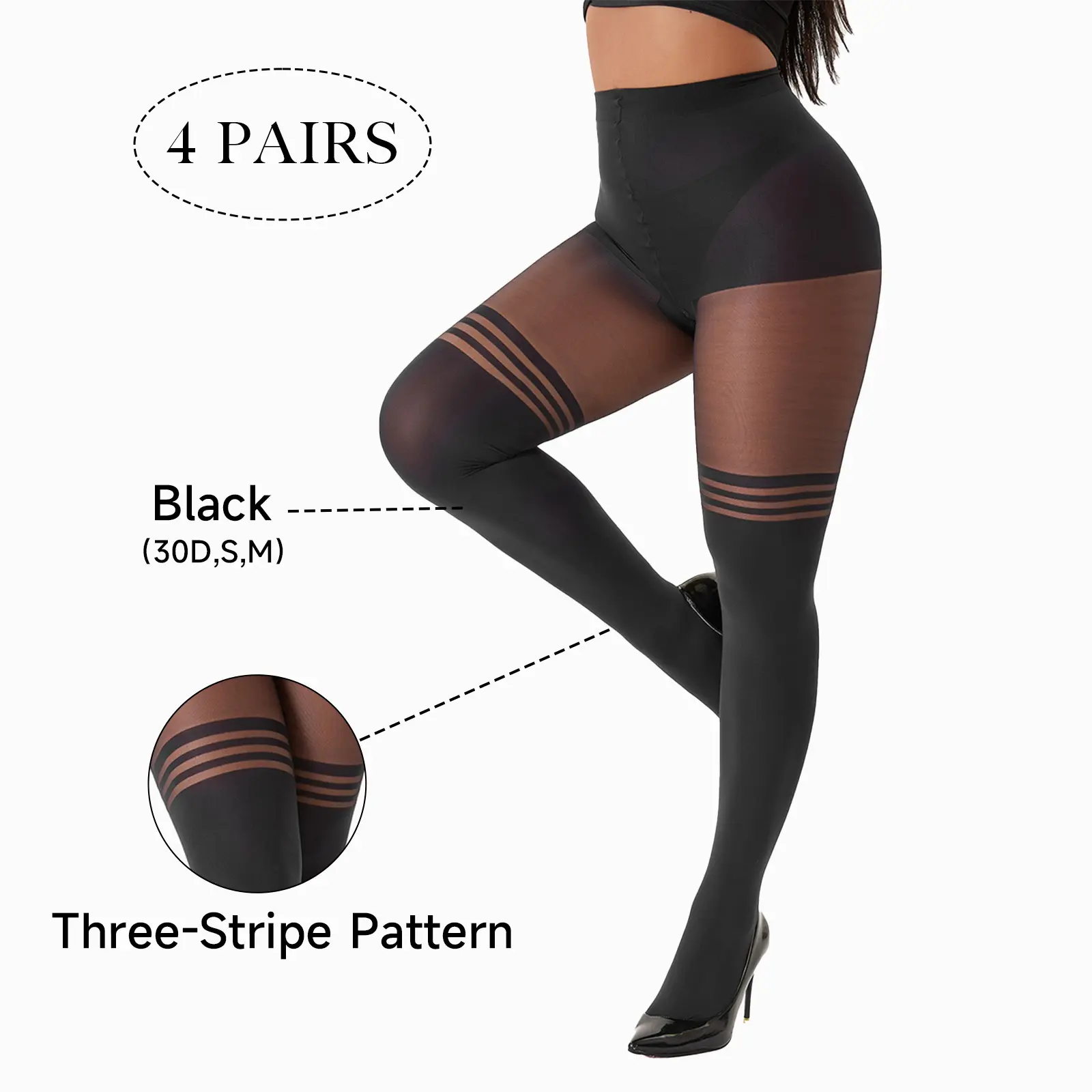 Women's 40D Shaping Tights - High Waisted Tummy Control Pantyhose, Sheer Smooth Stripe, Lightweight Comfortable High Stretch Leg Stockings, Durable Slimming Hosiery for Work & Everyday Wear, Sporty, Control Tights, Three-Stripe Pattern