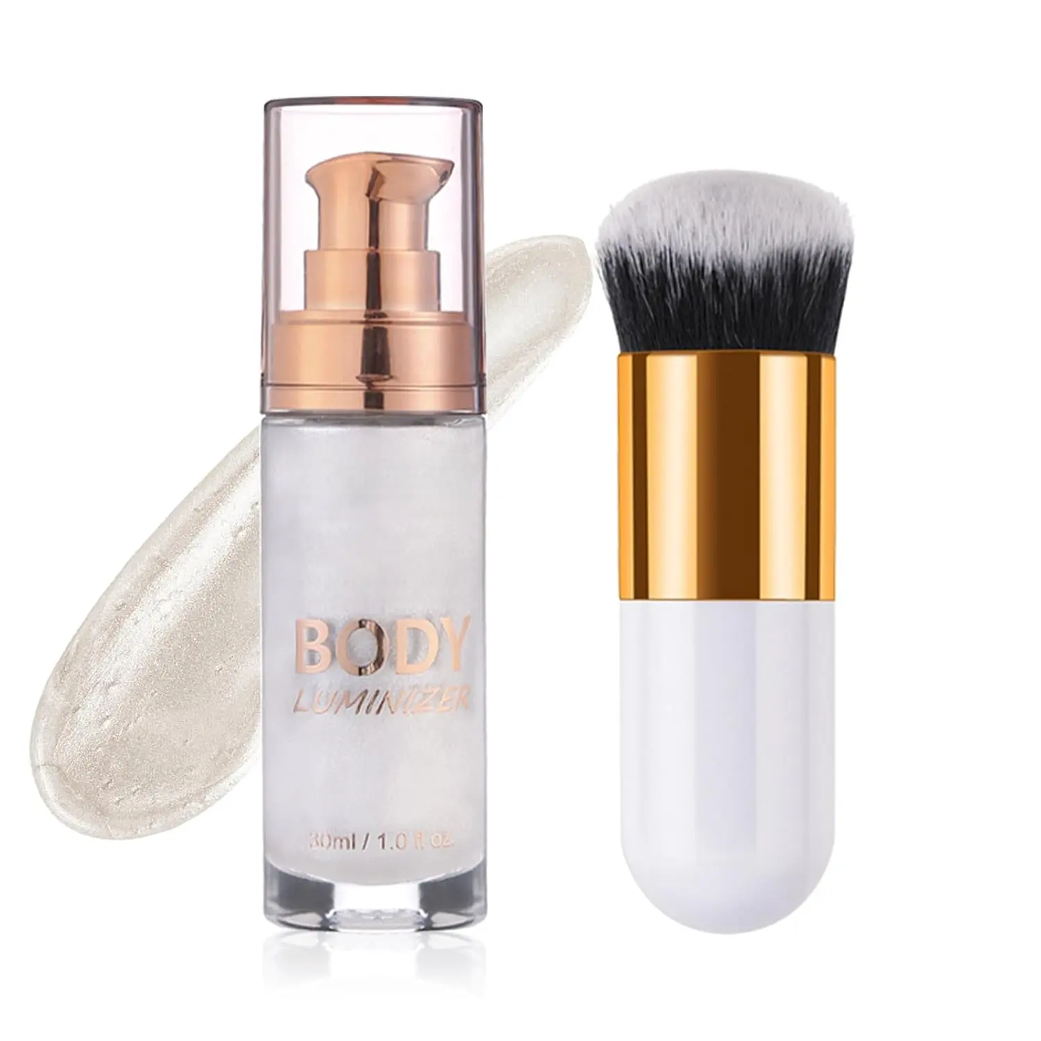Body Shimmer Oil, Waterproof Long Lasting Moisturizing Bronze Body Luminizer Glow for Face & Body, Liquid Illuminator, 1oz Jar with Makeup Brush Included Moisturizer Glitter