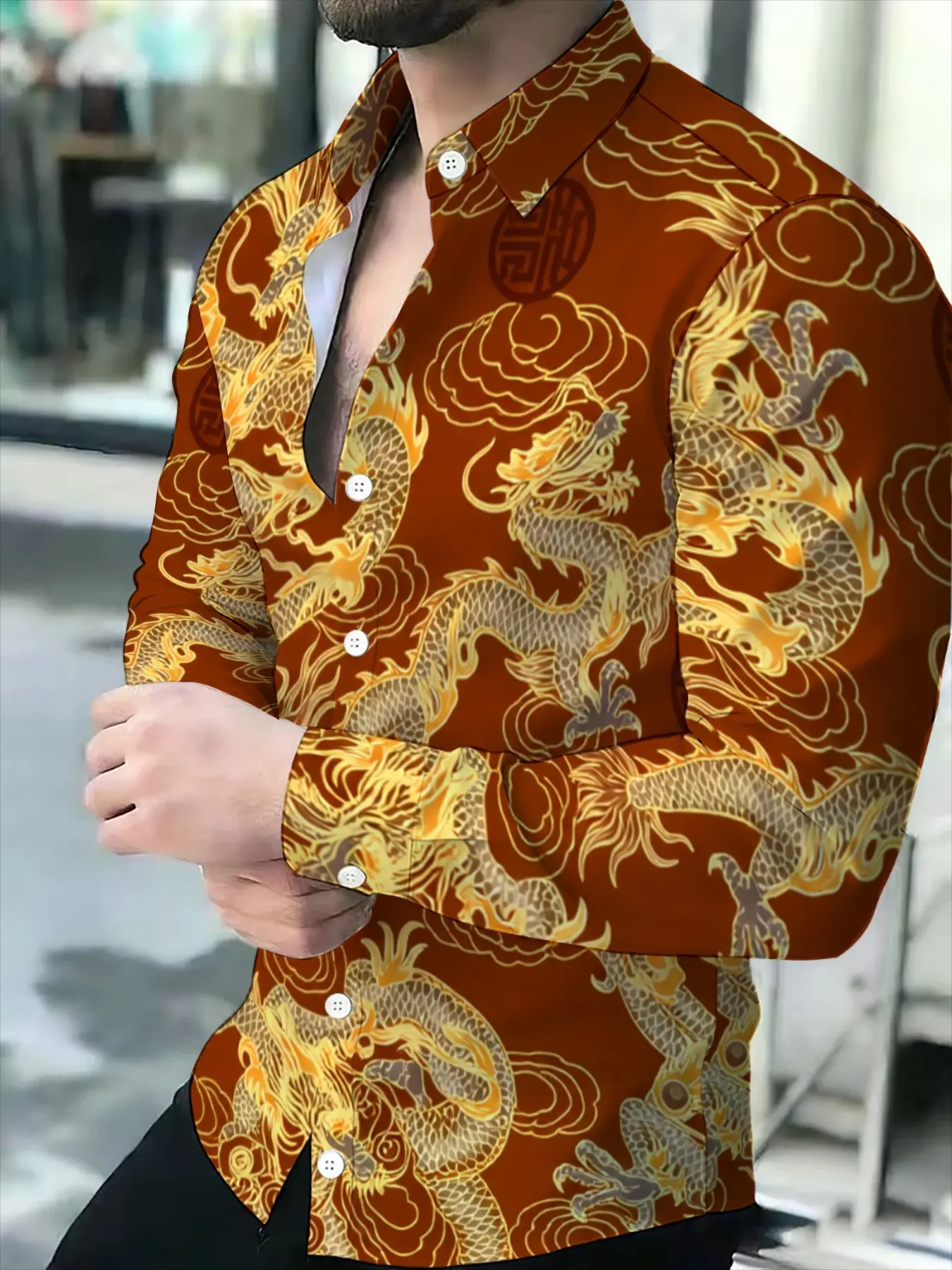 Men's Long Sleeve Shirt Chinese Style Dragon Print Novelty Pattern