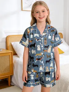 Kids Pajama Set, Cartoon Dog Pattern, Loose-Fit Short Sleeve, Fire-Resistant Fabric, All Seasons, Party Gift, Boys & Girls