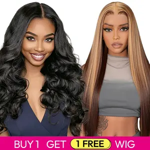 [Blend] Buy 1 Get 1 Free Flash Sale Lace Front Wig | Blended Human Hair 180% Density Transparent Lace Pre Plucked #1B Body Wave #P4/27 Straight