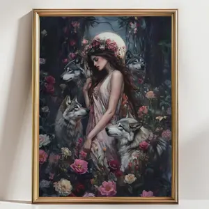 Gothic Witchy Wall Art, Dark Aesthetic Hecate and Wolves Print, Moody Victorian Goth Decor, Dark Cottagecore Art Print, Room Decor, Unframed