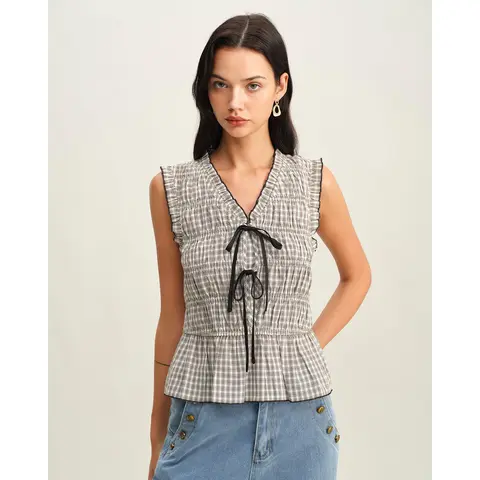 Rihoas Women's Cotton V-Neck Regular Fit Retro Black Plaid Bowknot Camisole Tank Top - Sleeveless, Bow Accent, Shirred Ruffle Hem, Cute Daily Wear, Ideal for Beach Days, Brunches, Thoughtful Gift, Ruffle Hem Women's Tanks & Camis