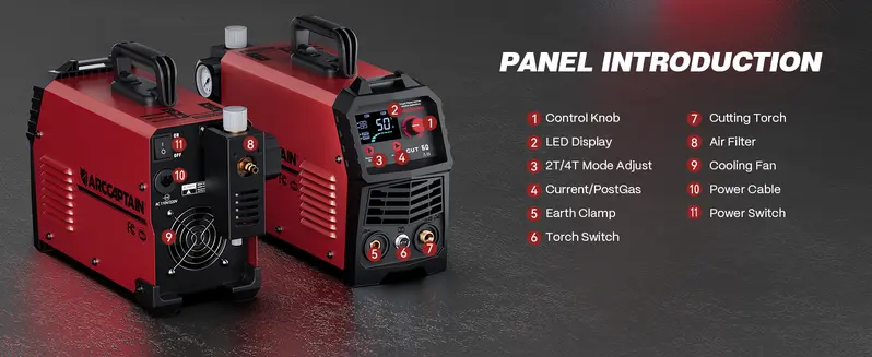 ARCCAPTAIN Plasma Cutter Welder, 50A 110/220V DC Inverter IGBT Machine, 2/3" Max Cut, 1/2" Clean Cut, 1/4 NPT Fitting, Large LED Display, 2T/4T Torch Modes, PT Adjustable, Smart Fan, Tools for Beginners DIY