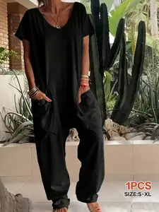 Women's Solid Color Casual Loose Fit Everyday Jumpsuit, Home Wear with Pockets, Comfortable All-Season Loungewear, Perfect for Relaxing at Home