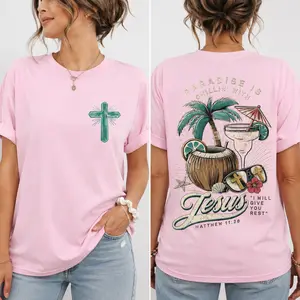 Comfort Colors Women's 100% Cotton Breathable T-Shirt - Chillin' With Jesus Retro Paradise Matthew 11:28 Christian Graphic Tee, Bible Verse Inspirational Day Top, Unisex Casual Fit Tropical Faith Beachwear, Fabric, Comfortable