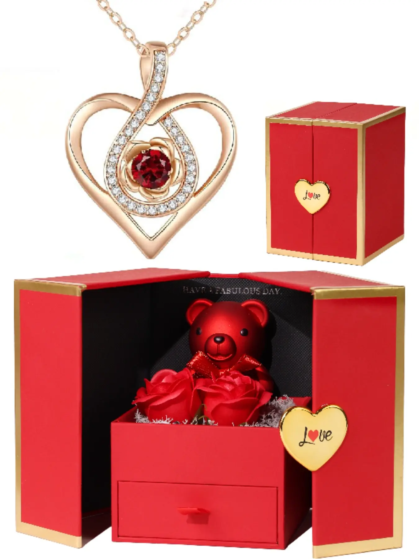 A red rose teddy bear gift box paired with a rose gold heart-shaped birthstone pendant necklace makes for a perfect proposal or anniversary gift, Jewelry Gifts, a gift that conveys love, and a sweet surprise for your partner on wedding anniversaries