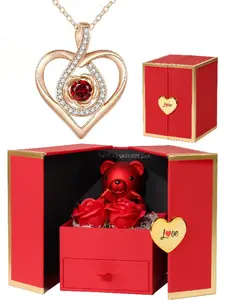 A red rose teddy bear gift box paired with a rose gold heart-shaped birthstone pendant necklace makes for a perfect proposal or anniversary gift, a gift that conveys love, and a sweet surprise for your partner on wedding anniversaries