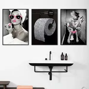 3pcs Fashion Sexy Woman Poster Print Girl Drinking Bar Canvas Painting Bling Toilet Roll Paper Picture Modern Wall Art Bathroom Decor