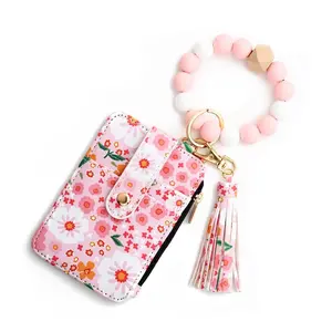 Boho Floral Wallet Keychain with Pink Beaded Wristlet & Tassel Charm Charming Key Bag Accessory Perfect Gift for Her