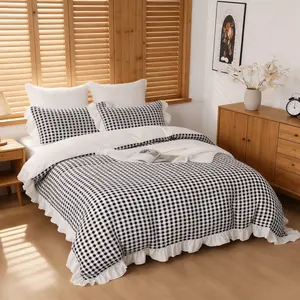 3Pcs Black White Gingham Jacquard Ruffle Duvet Cover Set, Ultra Soft Skin-friendly, Ins Style Bedding Set for Bedroom