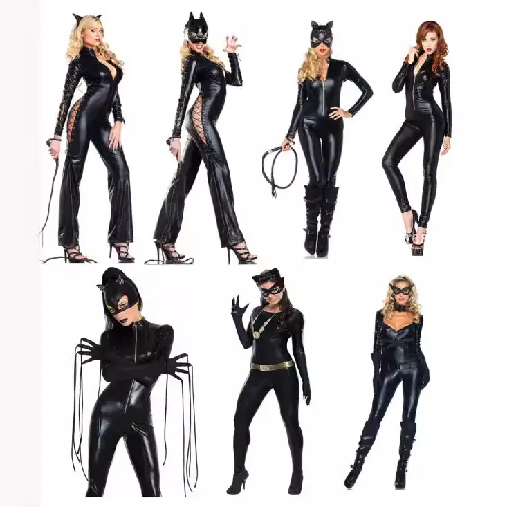 Women's Sexy Halloween Long Patent Leather Catwoman Bat Cosplay Costume, with Cat Ears & Mask, Statement Style Stage Outfit for Nightclub, Including Lingerie & Accessories, Clothes, Jumpsuit, Sneaky Lingerie, Women's Clothes, Crew Neck, Mystery, French Te