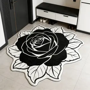 Creative Irregular Shape Rose Pattern Rug, Large Area Living Room Bedroom Carpet, Washable Plush Floor Mat, Home Decor