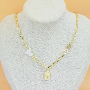 Gold Cross Pendant Necklace for Women - 14K Plated Paperclip Chain with Shell Butterfly Charm, Elegant Religious Statement Jewelry for Daily Wear & Gift