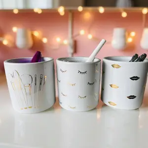 Cosmetic Ceramic Canisters White with Gold Accents