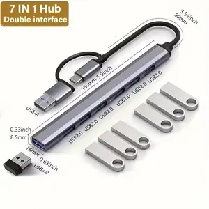 Slim 7 in 1 USB 3.0 Hub with USB & Type-C Converter, High-Speed Multiport Splitter 2.0 & 3.0 USB Ports for Laptop, PC, Tablet, Smartphone