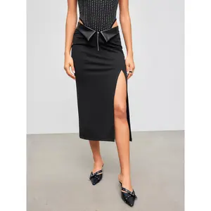 Cider [size 2-10] Turn-Up Mid Rise Solid Zipper Split Maxi Skirt
