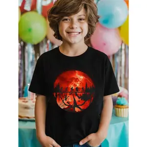 Young Boy's Upside Down Drama Christmas Stranger Hawkins Style Up Side Down Things Graphic Cotton T-Shirt For Young Boys, Black Perfect Christmas Gifts Hawkins Fans Shirts For Holiday Fun Stranger Young Boys T-Shirt - Upside Down Drama, Summer Kids Top, E