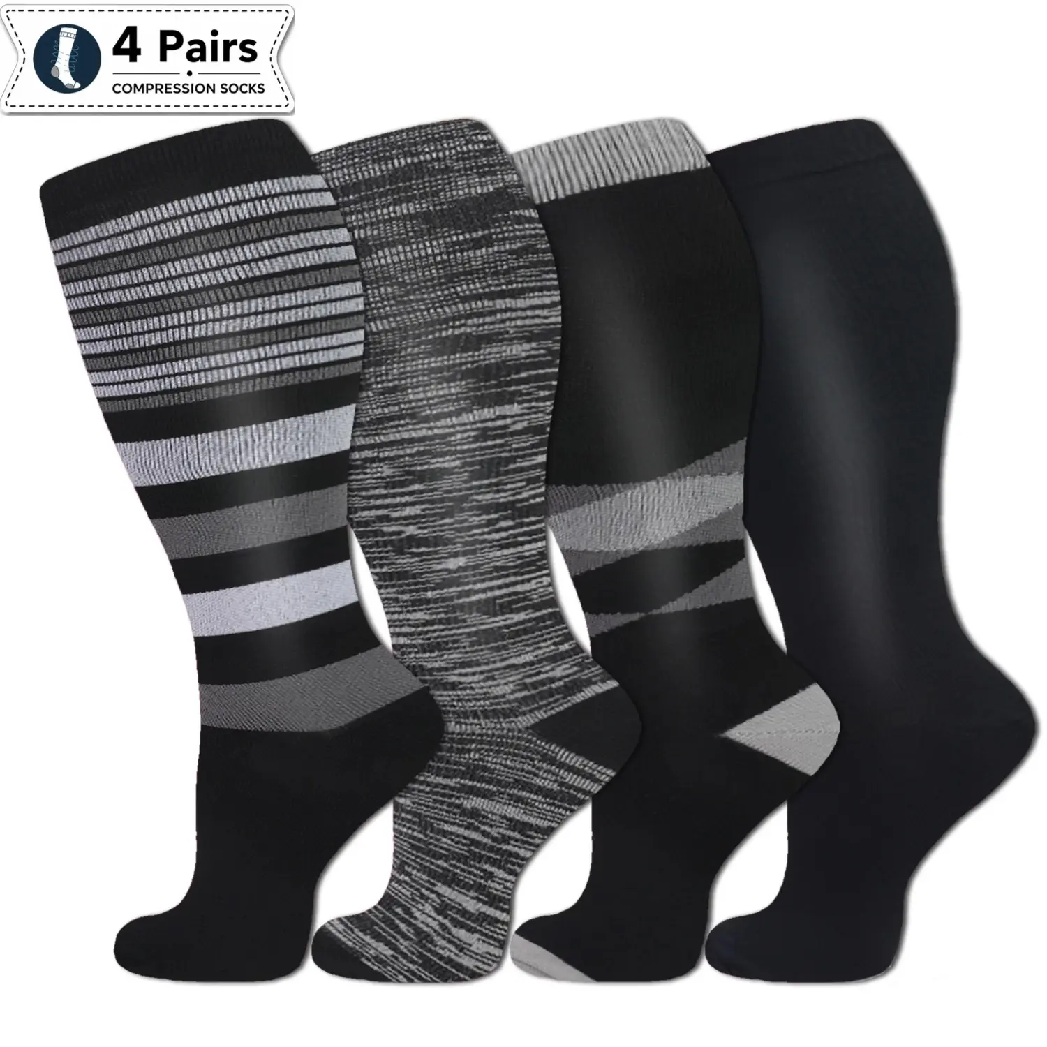 （15-20 mmHg）Plus Size Compression Socks for Women & Men, 4 Pairs Knee High Graduated Support Socks for Tired Legs, Travel, Nurses, Running, Work And Every Sports