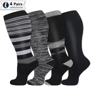 （15-20 mmHg）Plus Size Compression Socks for Women & Men, 4 Pairs Knee High Graduated Support Socks for Tired Legs, Travel, Nurses, Running, Work And Every Sports