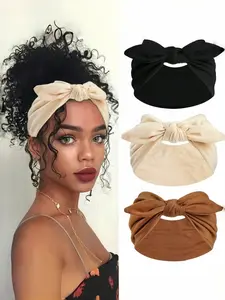3pcs Women Bow Bunny Ear Headbands, Boho Style Extra Wide Cute Rabbit Ear Knotted Headwraps, Fall/winter Hair Accessories