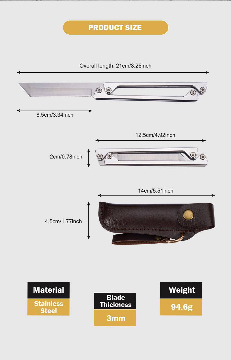 Portable EDC multifunctional tactical outdoor folding knife and pocket knife. Made entirely of steel with a leather sheath; outdoor cutting tools designed specifically for climbing and fishing; essential gear for camping and hiking.