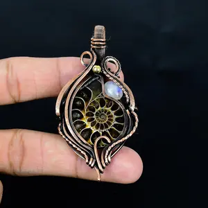 Ammonite Fossil, Flashy Moonstone Pendant, Copper Wire Wrap Necklace, Natural Fossil & Moonstone Handmade Jewelry Gift For Mom, Sister, Wife