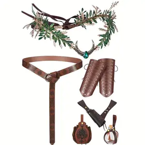 7pcs Set Renaissance Crown Accessory Set - Medieval Elf Crown and Viking Costume Kit for Halloween Mardi Gras Carnival Cosplay