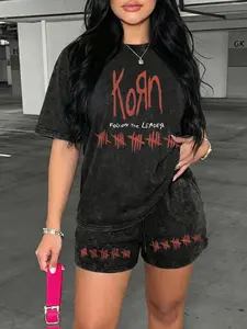 Women's Casual Two-Piece Set, Geometric Letter Print, Fitted Short Sleeve Shorts, Vintage Street Fashion, Perfect for Holidays and Travel, Womenswear, Cropped Essential Sets, Casual Matching Sets