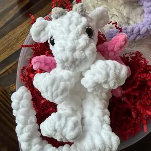 Crochet Dragon Plushie - White with bubble gum pink wings Color, Soft Plush Material, Cute Design, Approximately 8 Inches Tall, Perfect for Cuddling and Gifting