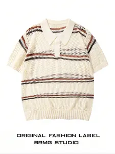 Spring Summer Unisex Loose Fit Striped Hollow Out Polo Neck Short Sleeve Knit Top, Casual Fashion Pullover Sweater for Men and Women Knitwear