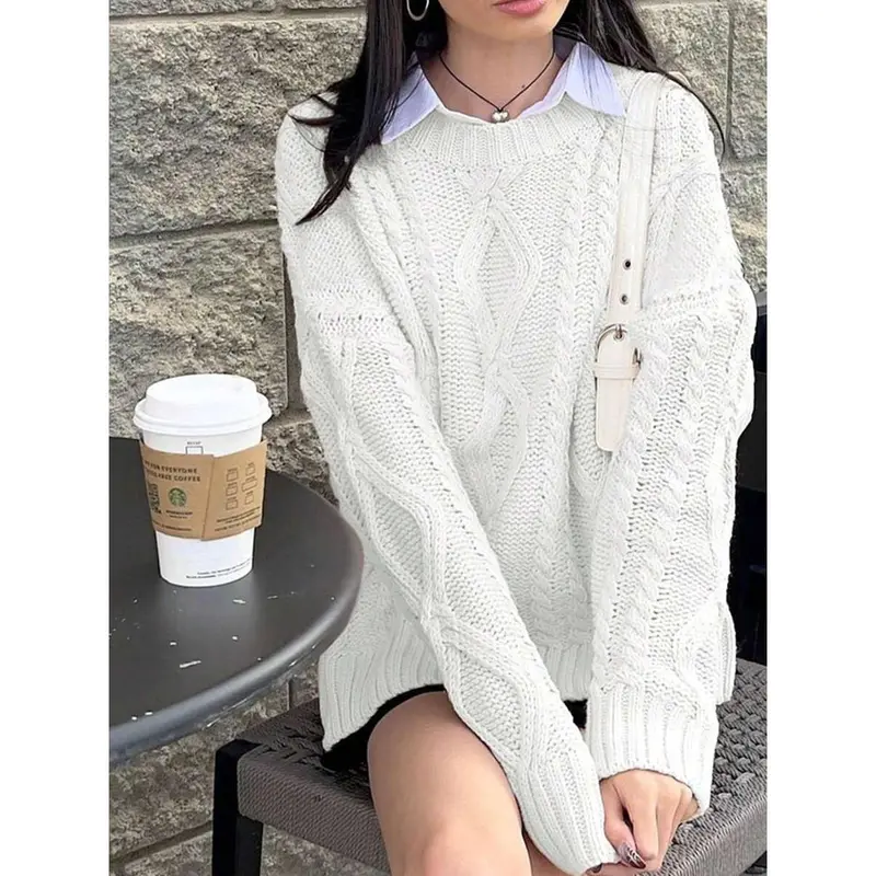 Women's Round Neck Twisted Flower Long Sleeve Knitted Sweater Tops White Casual Minimalist Pullover Polyester Fabric Knitwear Back-to-School Graduation Outfit