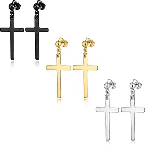 3 Pairs Mens  Drop Dangle Earrings Set  Dangling Crucifix Stud Earingings Stainless Steel Black   Fashion  Accessories