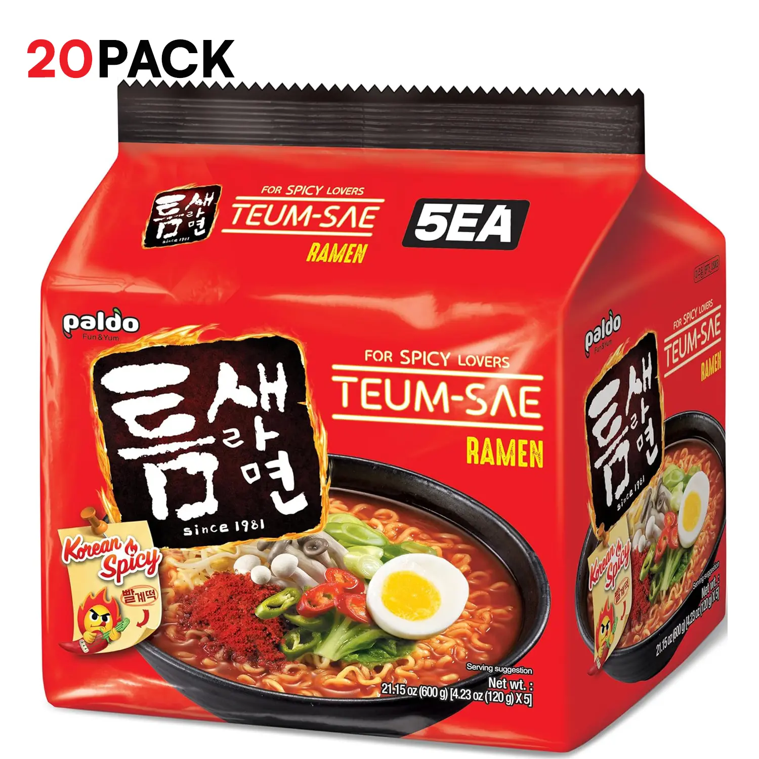 Paldo Hot and Spicy Teumsae Ramen Korean Instant Noodle 4.23 Oz (Pack of 20)