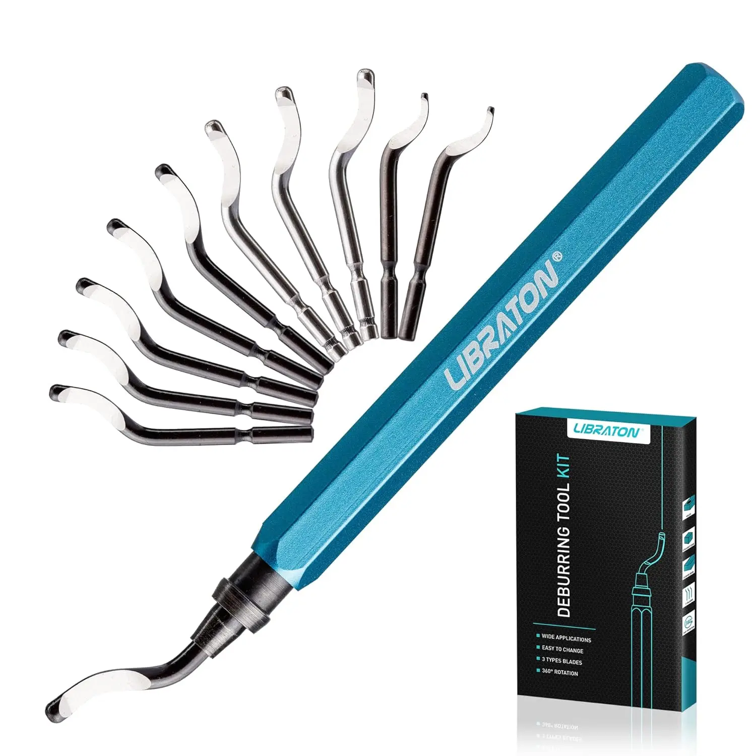 Deburring Tool with 11 HSS Blades, 360° Rotating Design, 5-in Handle, Spring Bayonet, 45# Medium Carbon Steel Build, Aluminum Grip for 3D Printing, Home Use DIY Projects, Plastic & PVC Processing