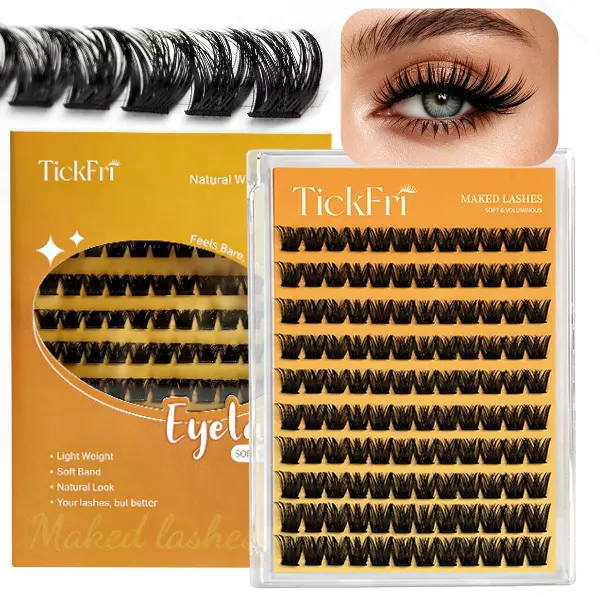 TickFri Flared Lash Clusters - Glue Required, 10-16mm C-Curl, Fluffy Full Volume Natural Wispy False Eyelashes