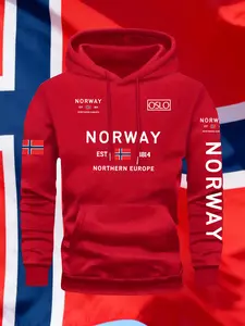 Men's Fall Winter Trendy Norway Flag Print Hoodie, Casual Fitted Pullover, Drawstring Pocket Design, Oslo City Print Sweatshirt