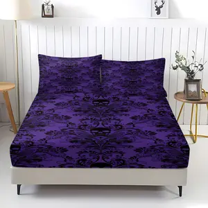 Gothic Skull Damask non Fading Fitted Sheet,Dark Romantic Home Bedding Set,Including 1 Bed Sheet and 2 Pillowcases,Anti Slip Dust Cover Suitable for Bedrooms and Guest Rooms,Suitable for Personal Use or Gift Giving