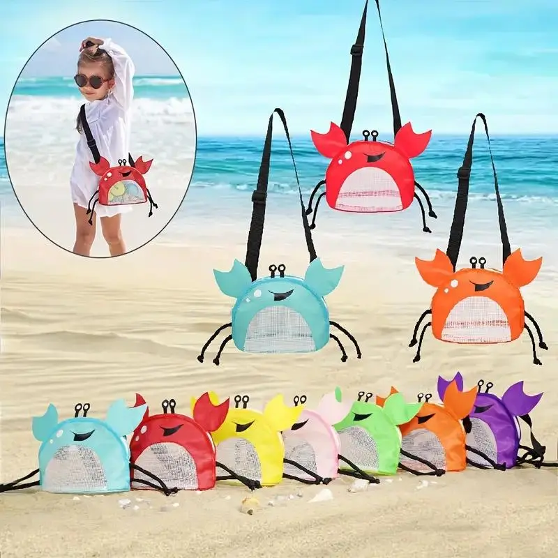 Cute Crab Design Beach Bag, Foldable Polyester Crossbody Shell Bag, Casual Shoulder Bag with Adjustable Strap, Mesh Pocket, Zip Closure Beach Bag for Outdoor, Crossbody Bags