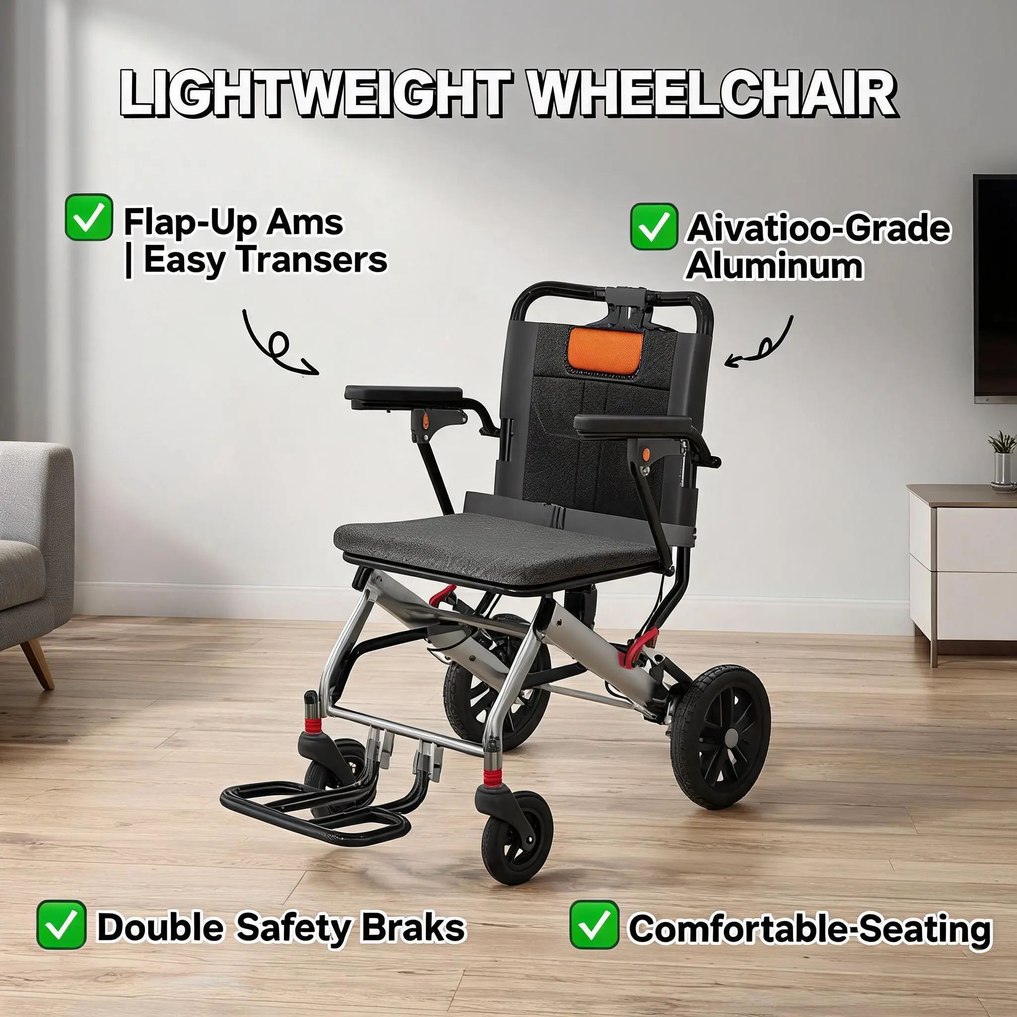 【GARVEE】Portable Lightweight Folding Transport Chair with Locking Handbrake, Removable Flip Armrests, Aluminum Alloy Frame, Swinging Footrests, Supports 220 lbs, Ideal for Indoor & Outdoor Use