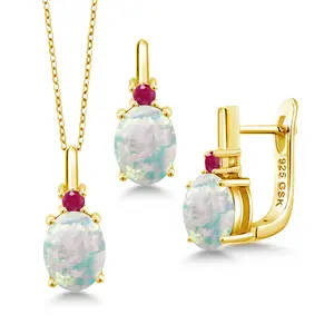 Gem Stone King Gemstone Birthstone and Ruby Pendant and Earrings Jewelry Set for Women in 18K Yellow Gold Plated Silver | Oval 8X6MM and Round 2.5MM | With 18 Inch Chain