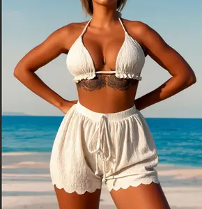 Summer Women's Two-Piece White Ruffled Halter Bikini Set - Lace-Up Triangle Top + Wave-Trim Shorts with Drawstring Waist, Tummy Control Swimsuit Perfect for Beach Vacation, Pool Party, Cruise, Water Sports - SummerVibes