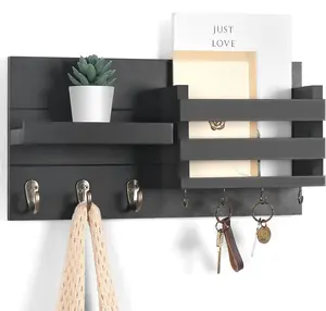 Wall-Mount Mail Organizer with Key & Coat Hooks – Rustic Wood Shelf for Entryway, 16.5" x 8.7" x 3.5"