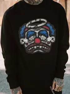 Men's Cartoon Clown Print Drop Shoulder Sweatshirt, Loose Casual Long Sleeve Round Neck Pullover for Fall & Winter, Men's Clothes for Daily Wear, Halloween