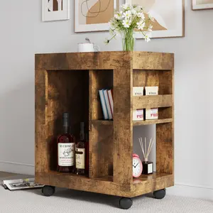 Brown MDF Rubberwood Rolling Storage Cabinet - 24x15x26in Composite Panel 5-Shelf Clutter-Free Display Freestanding Portable Cabinet, Mobile Side Table with Side Handle, Magazine Compartment, 500LBS Capacity Trolley for Living Room, Bedroom, Composite Pan