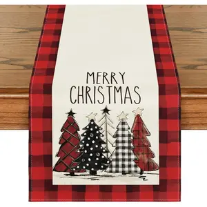 Mode Watercolor Red and Black Buffalo Plaid Christmas Trees Merry Xmas Table Runner, Seasonal Winter Holiday Kitchen Dining Table Decoration for Indoor Outdoor Home Party Decor 13 x 72 Inch