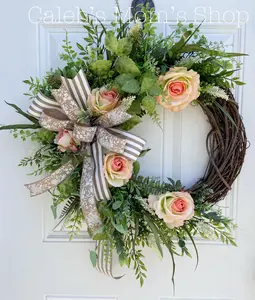 Rose Grapevine Wreath for Front Door Rustic Cluntey Home Decor for Outdoor Porch or Indoor Office Wall Hanging, Spring Wreath Gift for Her