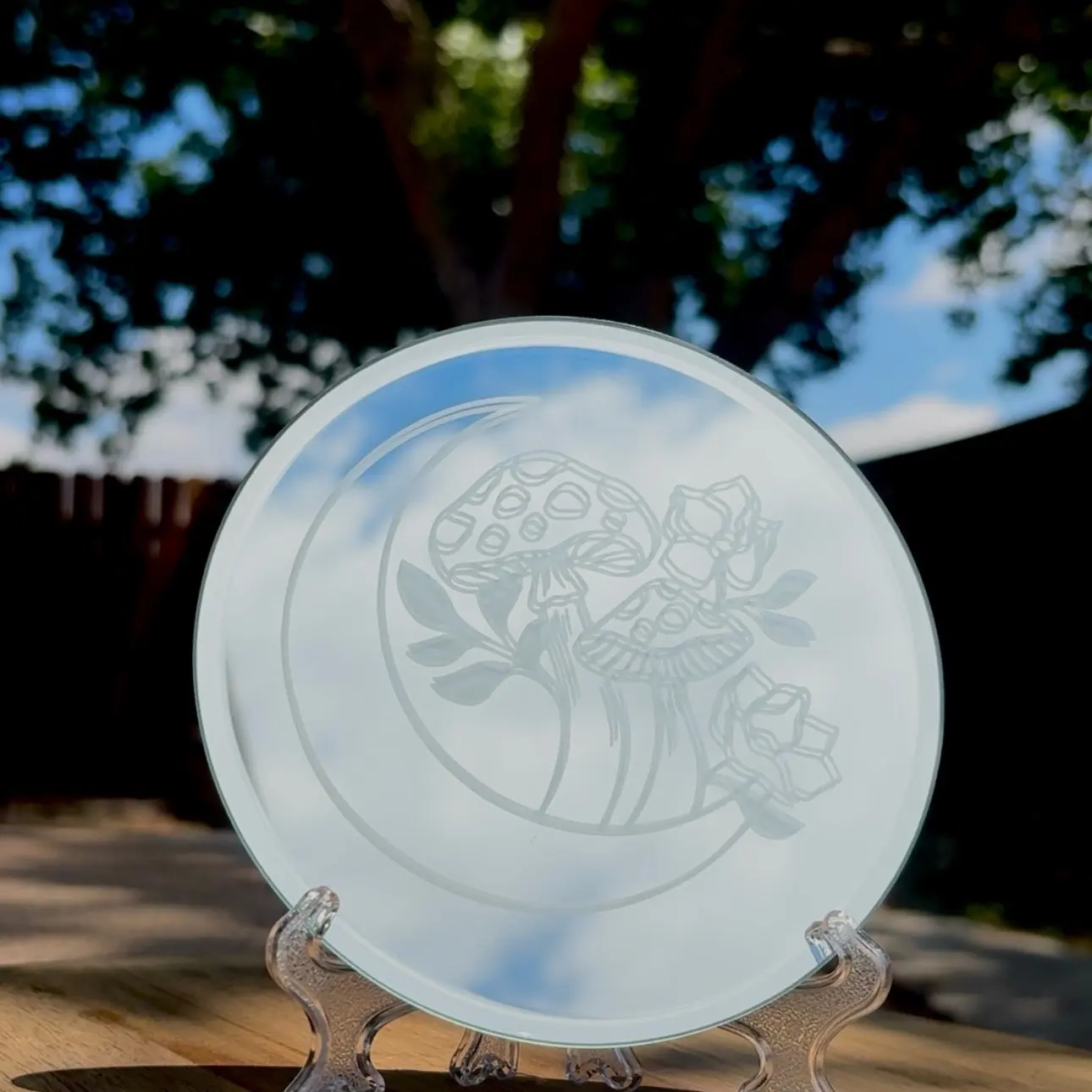 Mushroom and moon etched glass mirror