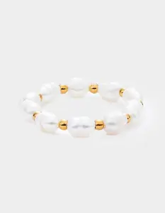 MAUKA  Womens Gold Pearl Elastic Ring, White